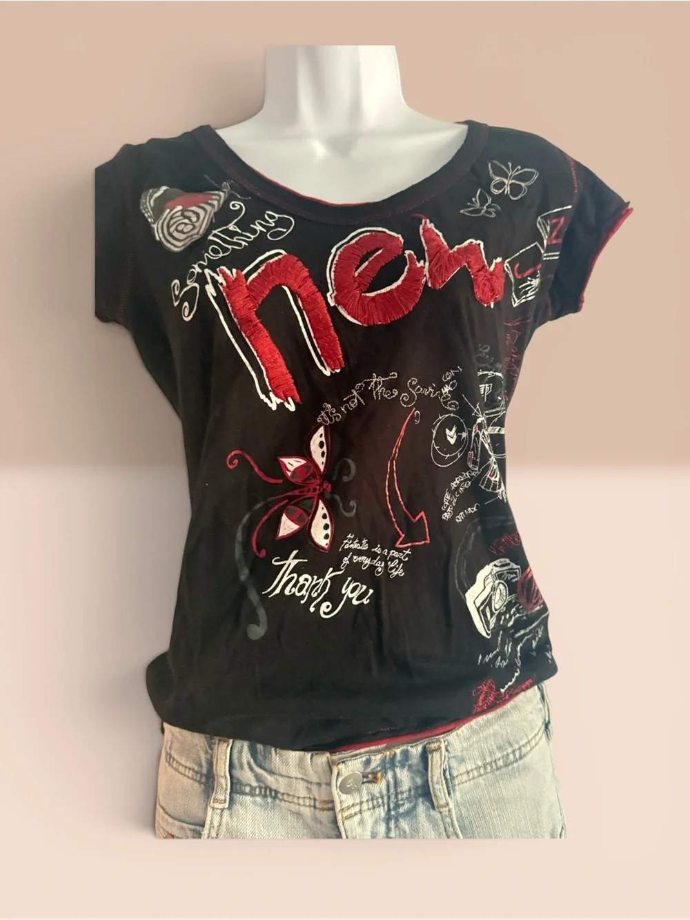Vintage Desigual Black and Red Graphic Tee - Women Tops